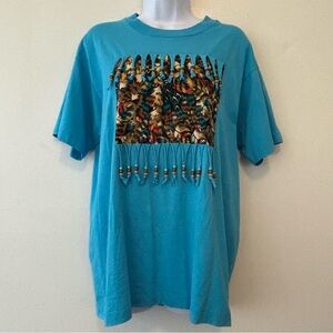 Vintage turquoise shirt feathers and bead detail women large cotton blend